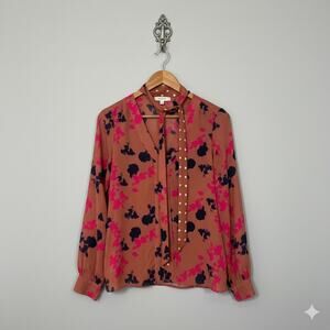 Tanya Taylor Juliette Silk Floral Tie Neck Blouse Pink Navy Women’s 4